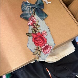 Custom Elegant Floral Embroidered Jean Tie - Red and Green